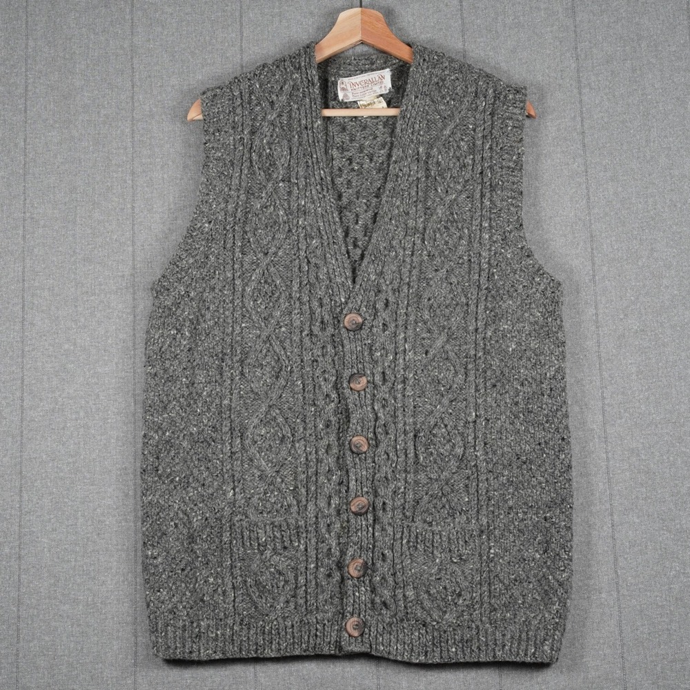 Inverallan Mens Small Medium Gray Wool Cable Knit Cardigan Vest Made in Scotland